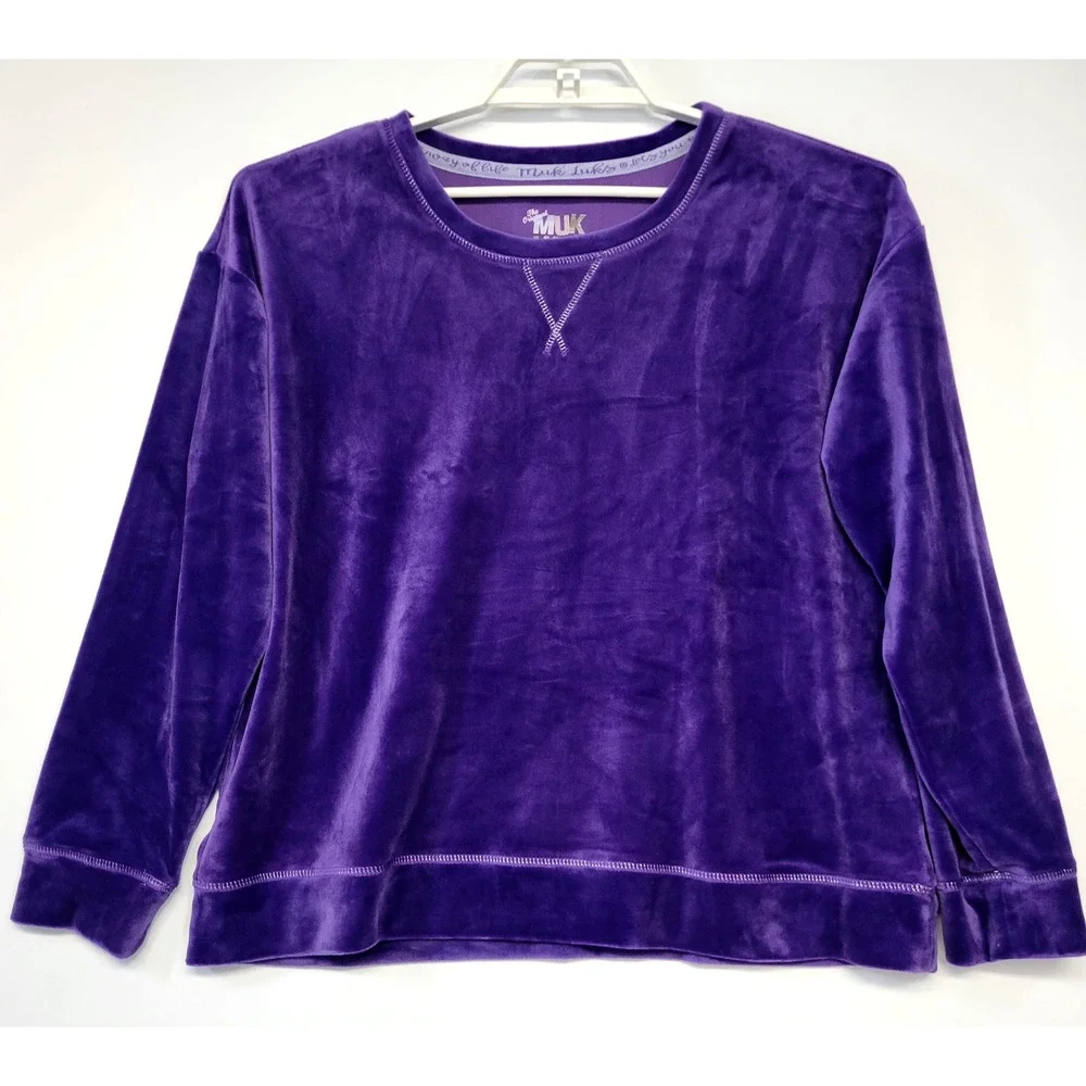Muk Luks Pajama Set Womens Petite XL Purple Plush Argyle‎ Soft Sleepwear Lounge